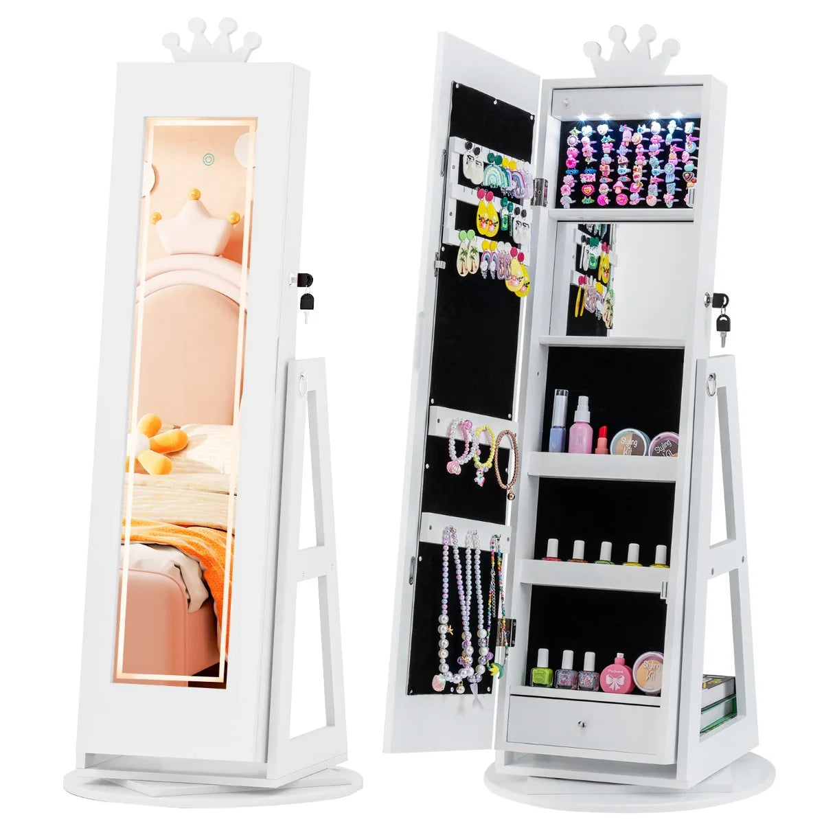3 In 1 Kids Jewelry Cabinet 360° Swivel Jewelry Armoire with Mirror-Pink
