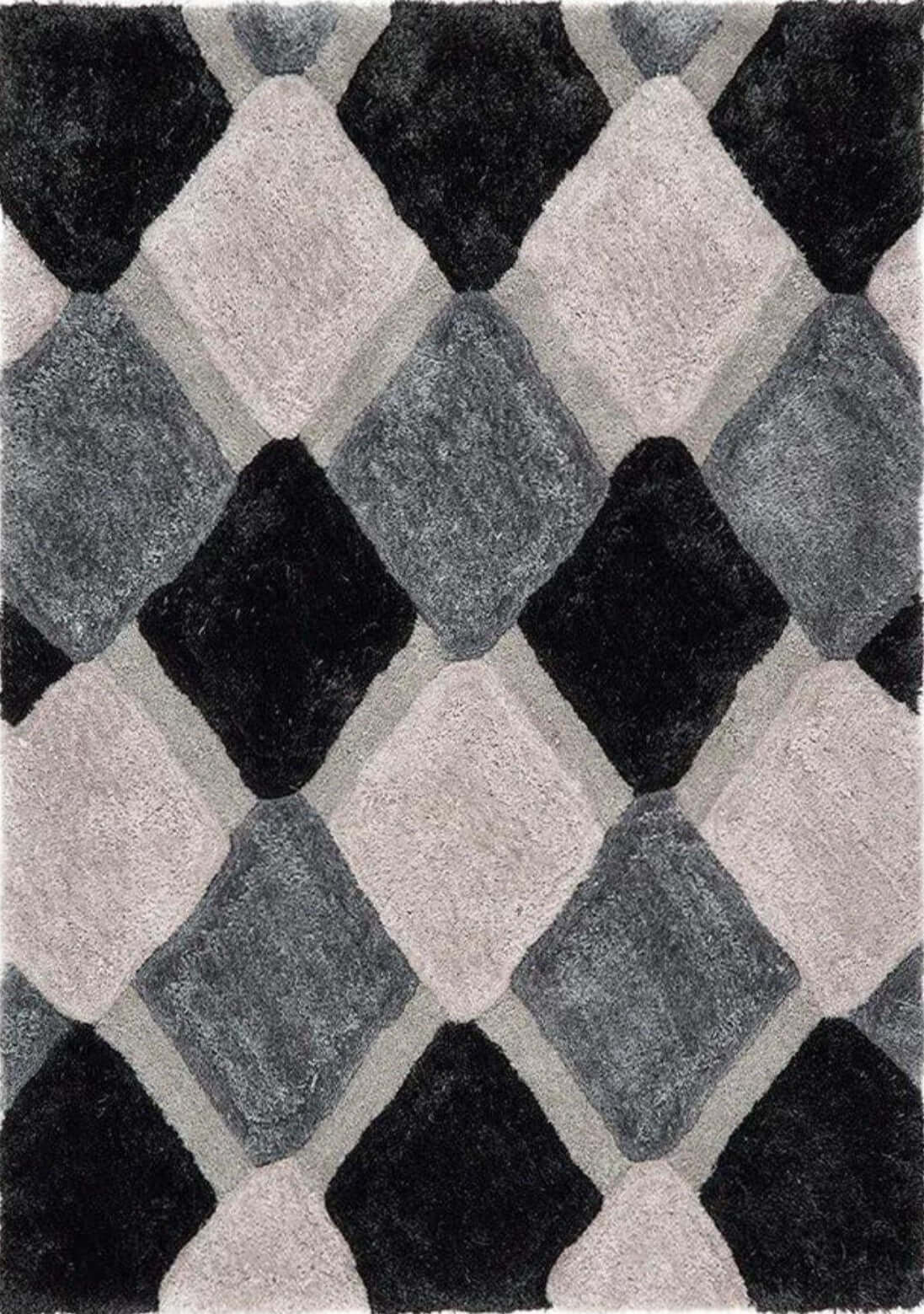 A plush 3d grey geometric shaggy rug with bold black gray and soft pink interlocking diamond pattern