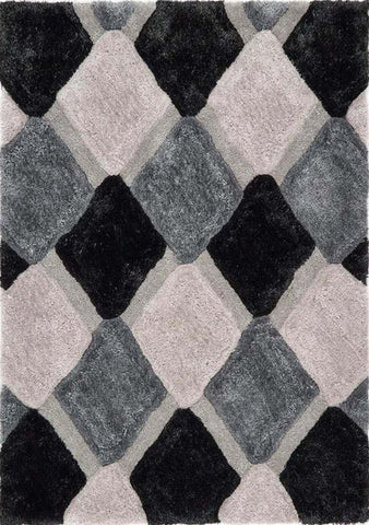 A plush 3d grey geometric shaggy rug with bold black gray and soft pink interlocking diamond pattern