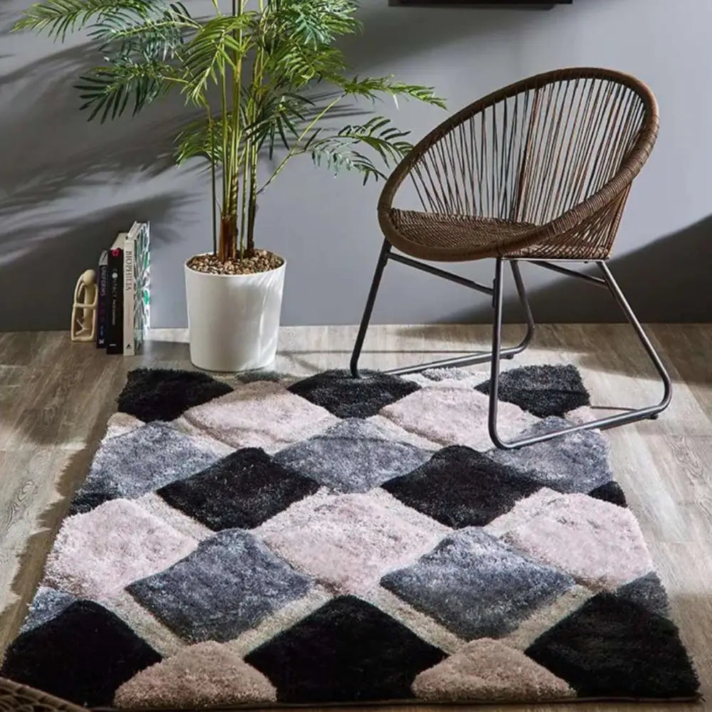 3D Grey Geometric Shaggy Rug - Rugs