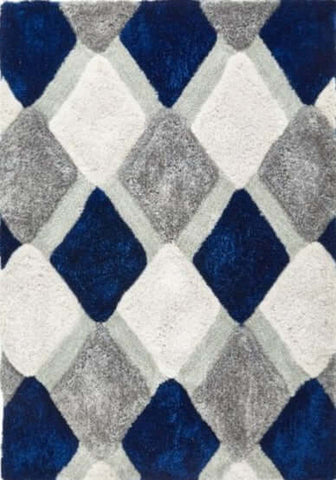 A plush 3d navy geometric shaggy rug with bold navy blue gray and white interlocking diamond pattern
