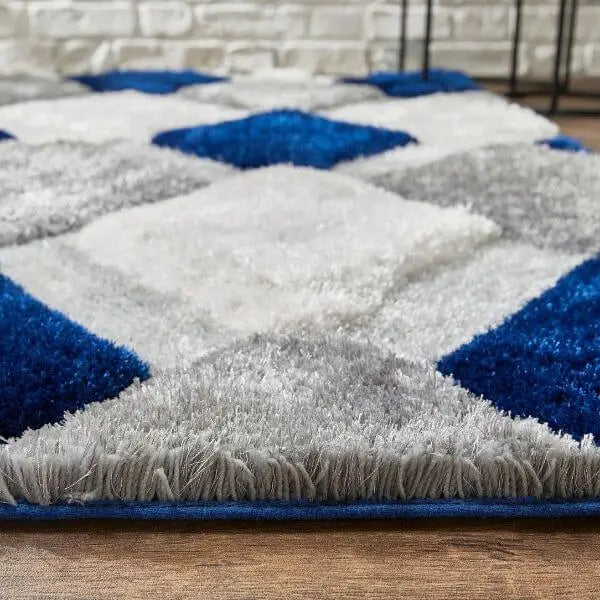 3D Navy Geometric Shaggy Rug - Rugs