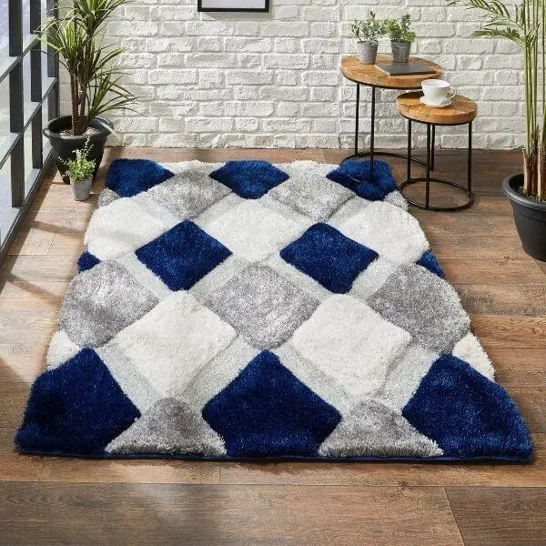 3D Navy Geometric Shaggy Rug - Rugs
