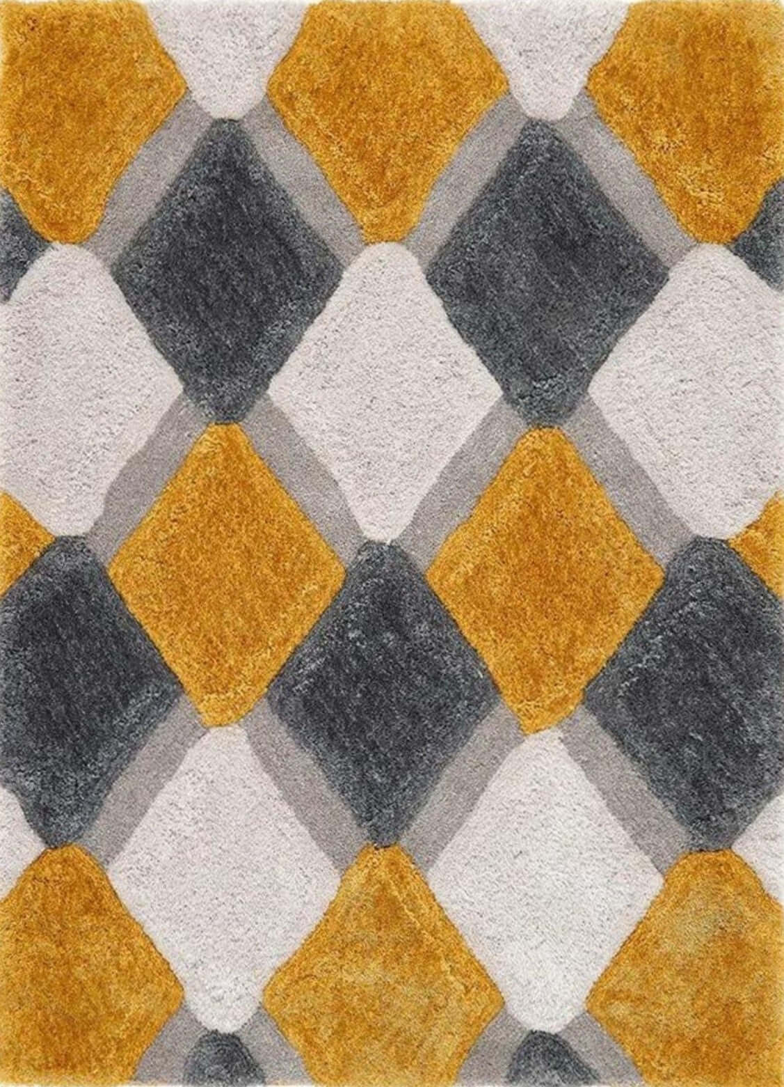 A plush ochre geometric shaggy rug with raised diamond shapes in mustard yellow charcoal gray and off-white