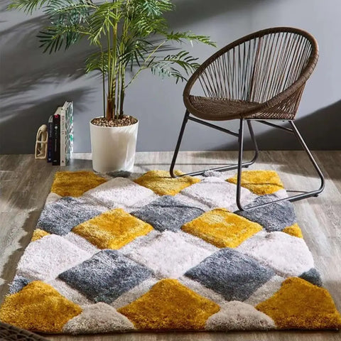 3D Ochre Geometric Shaggy Rug - Rugs