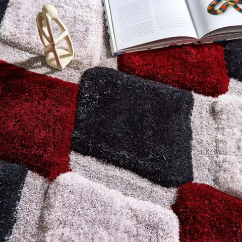 3D Red Geometric Shaggy Rug - Rugs