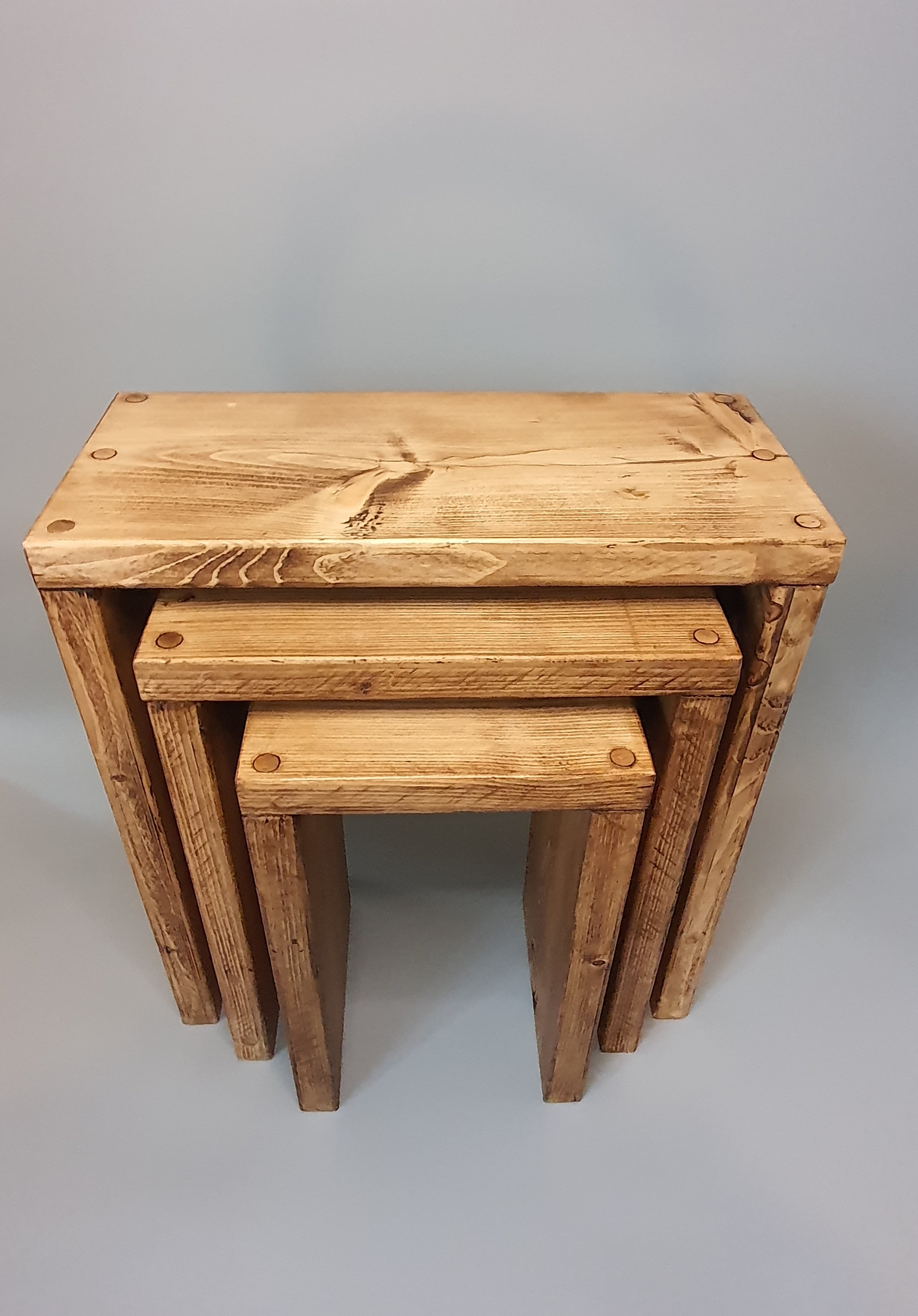 Set of 3 Solid Wood Rustic Nest Of Tables with Timber Legs