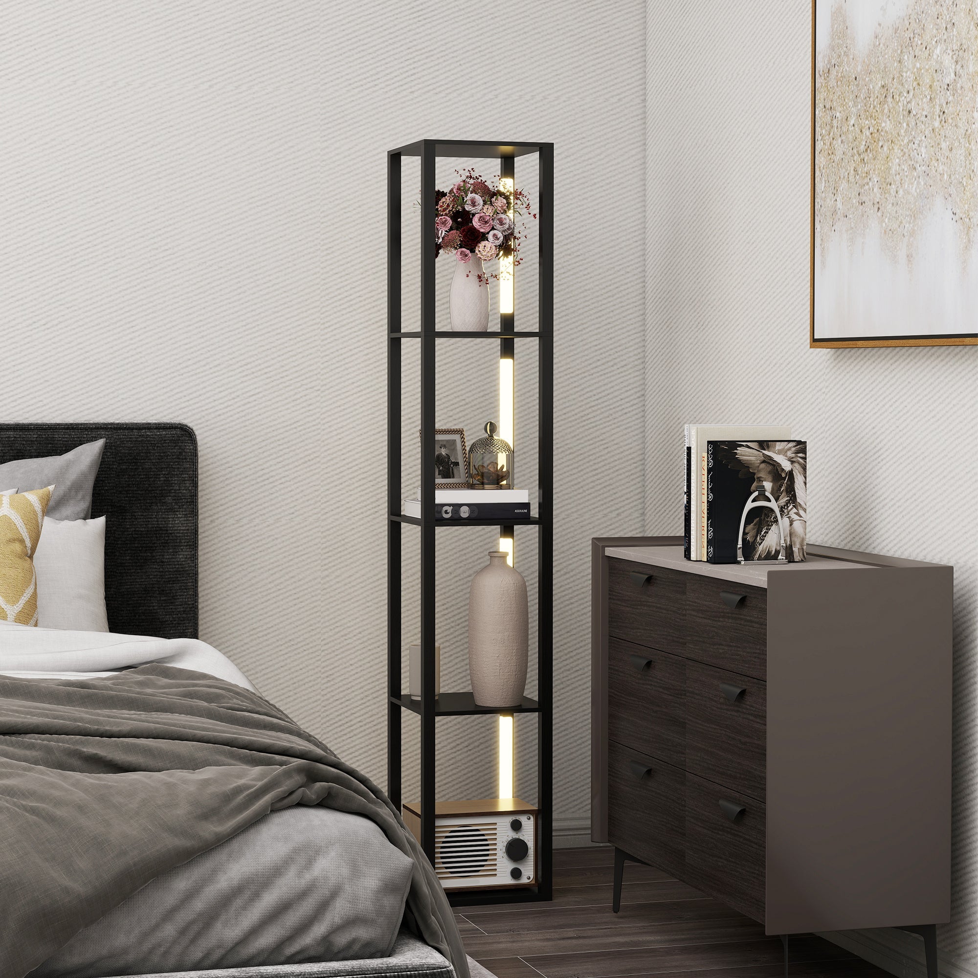 HOMCOM Floor Lamp with Shelves, 4 Layer Dimmable Column Modern Standing Lamp with 3 Brightness Levels and Foot Switch for Living Room, Bedroom, Office, Black