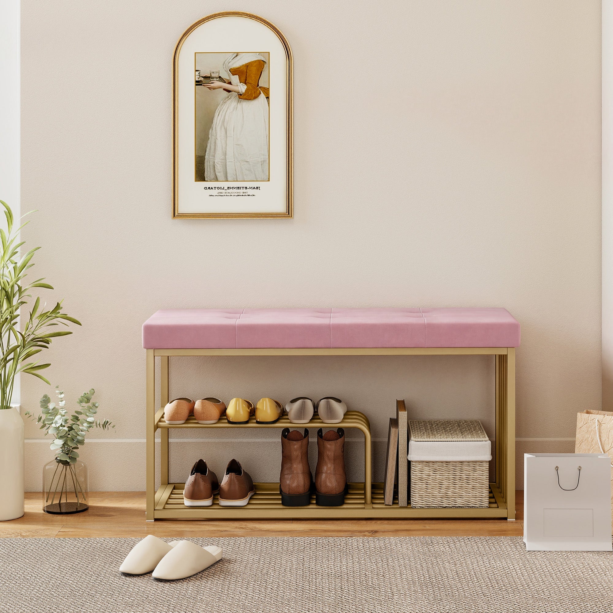 HOMCOM Bench and Shoe Storage, Tufted Shoe Storage Bench with Velvet Seat Cushion Gold Steel Frame for Entryway, Pink