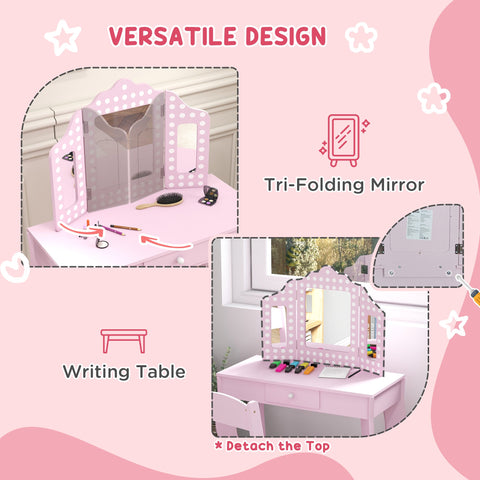 AIYAPLAY Kids Dressing Table Sets with Stool and Tri-Fold Mirror, Drawer for Playroom, Bedroom - Pink
