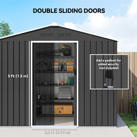 Outsunny 8 x 6ft Galvanised Steel Shed, with Double Door - Dark Grey