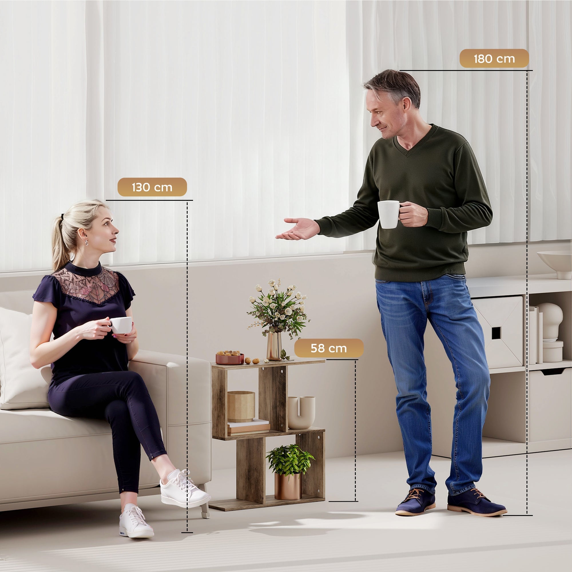 HOMCOM Side Table, Narrow End Table with Storage Shelves, S-Shaped, 3-Tier, 50W x 19.5D x 58H cm, Oak