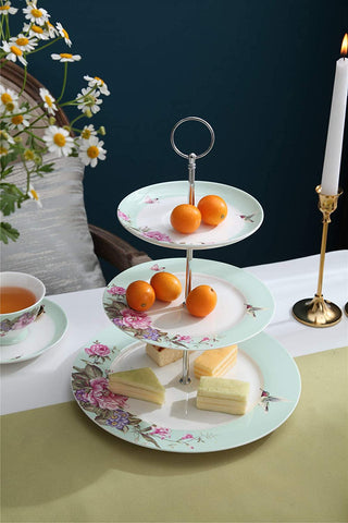 London Boutique 3 Tiered Cake Stands Afternoon tea Porcelain Bird Rose Butterfly in gift box (Turquoise)