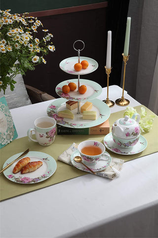 London Boutique 3 Tiered Cake Stands Afternoon tea Porcelain Bird Rose Butterfly in gift box (Turquoise)