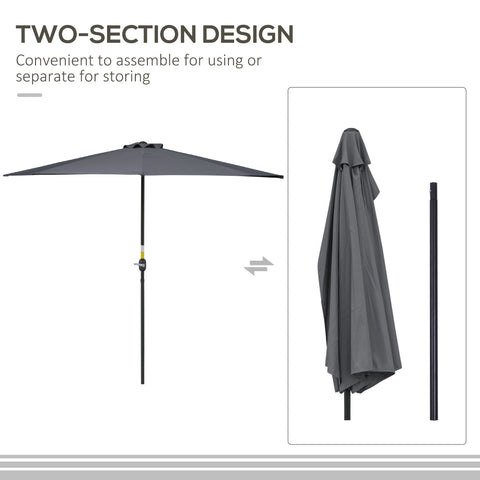 Outsunny 3(m) Half Parasol Semi Round Umbrella Patio Metal Frame Crank Handle for Balcony-- NO BASE INCLUDED, Grey