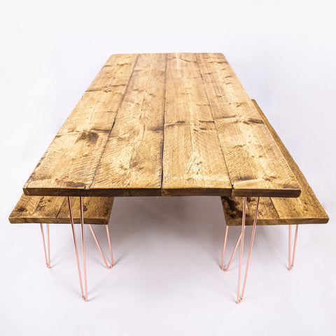 Rustic wooden dining table with rose gold copper hairpin legs perfect for 4-8 seater sets and furniture care kit use