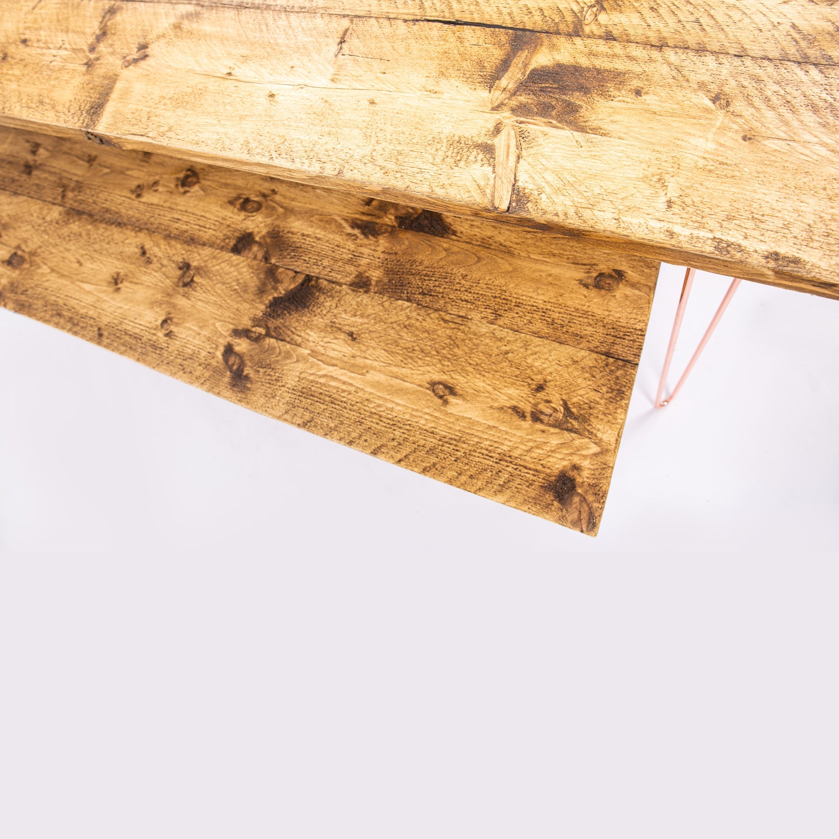 Reclaimed wood dining table with rose gold steel legs and benches perfect for 4-8 seater with furniture care kit