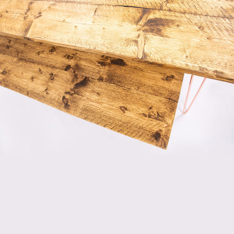 Reclaimed wood dining table with rose gold steel legs and benches perfect for 4-8 seater with furniture care kit