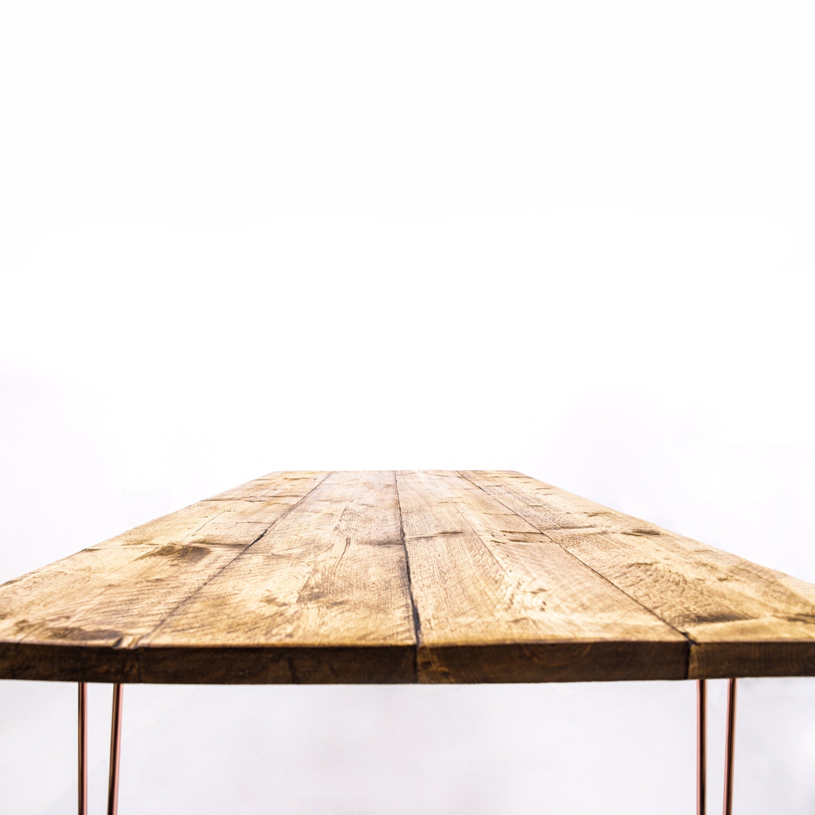 Rustic wooden dining table with rose gold steel hairpin legs perfect for 4-8 seater sets and furniture care kit