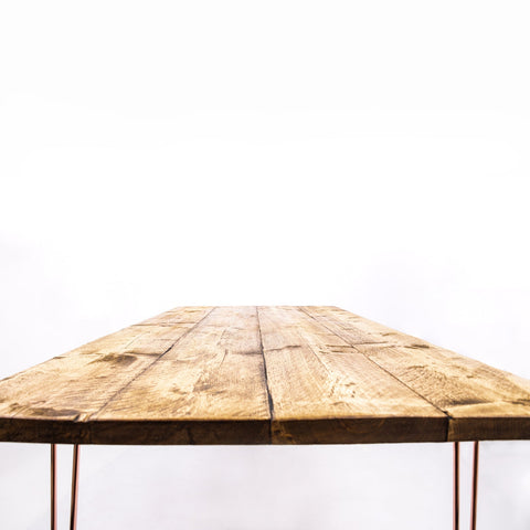Rustic wooden dining table with rose gold steel hairpin legs perfect for 4-8 seater sets and furniture care kit