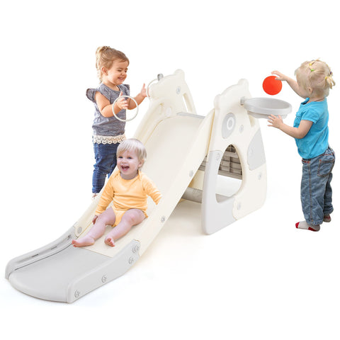 Foldable Toddler Slide with Basketball Hoop and Ball-Grey