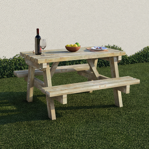 4 seater wooden picnic table with attached benches in light wood and natural timber finish for outdoor use