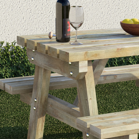 Light-colored 4 seater wooden picnic table with rustic slatted design and natural timber finish picnic bench