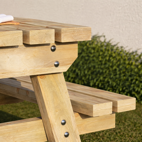 4 seater wooden picnic table with light natural timber finish and pressure-treated timber picnic bench joined by metal bolts