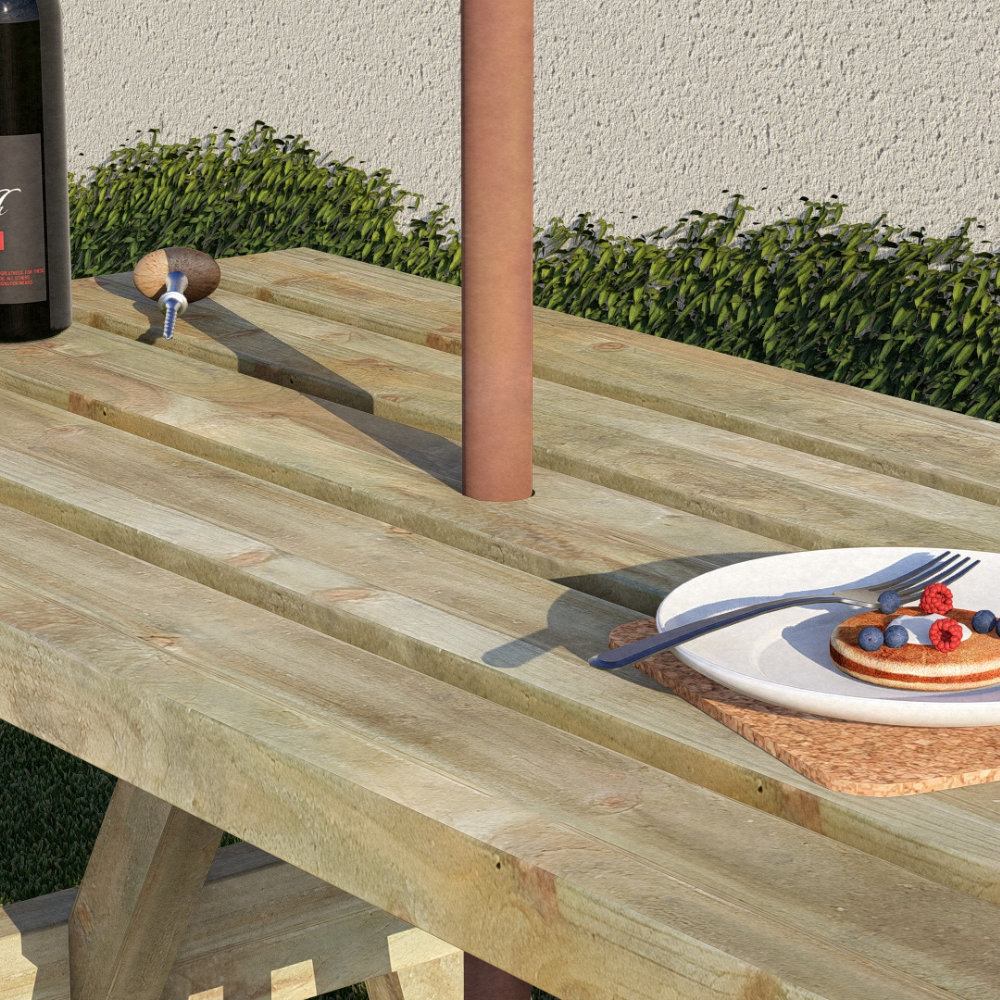 4 seater wooden picnic table with natural timber finish and slatted surface made from pressure-treated timber