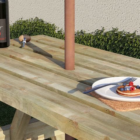 4 seater wooden picnic table with natural timber finish and slatted surface made from pressure-treated timber