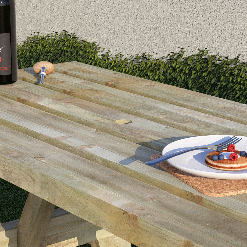 Weathered 4 seater wooden picnic table with natural timber finish and pressure treated timber picnic bench surface
