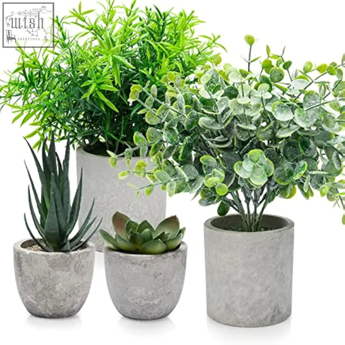 Set artificial plants indoors featuring vibrant green artificial plants in textured gray concrete pots for decoration