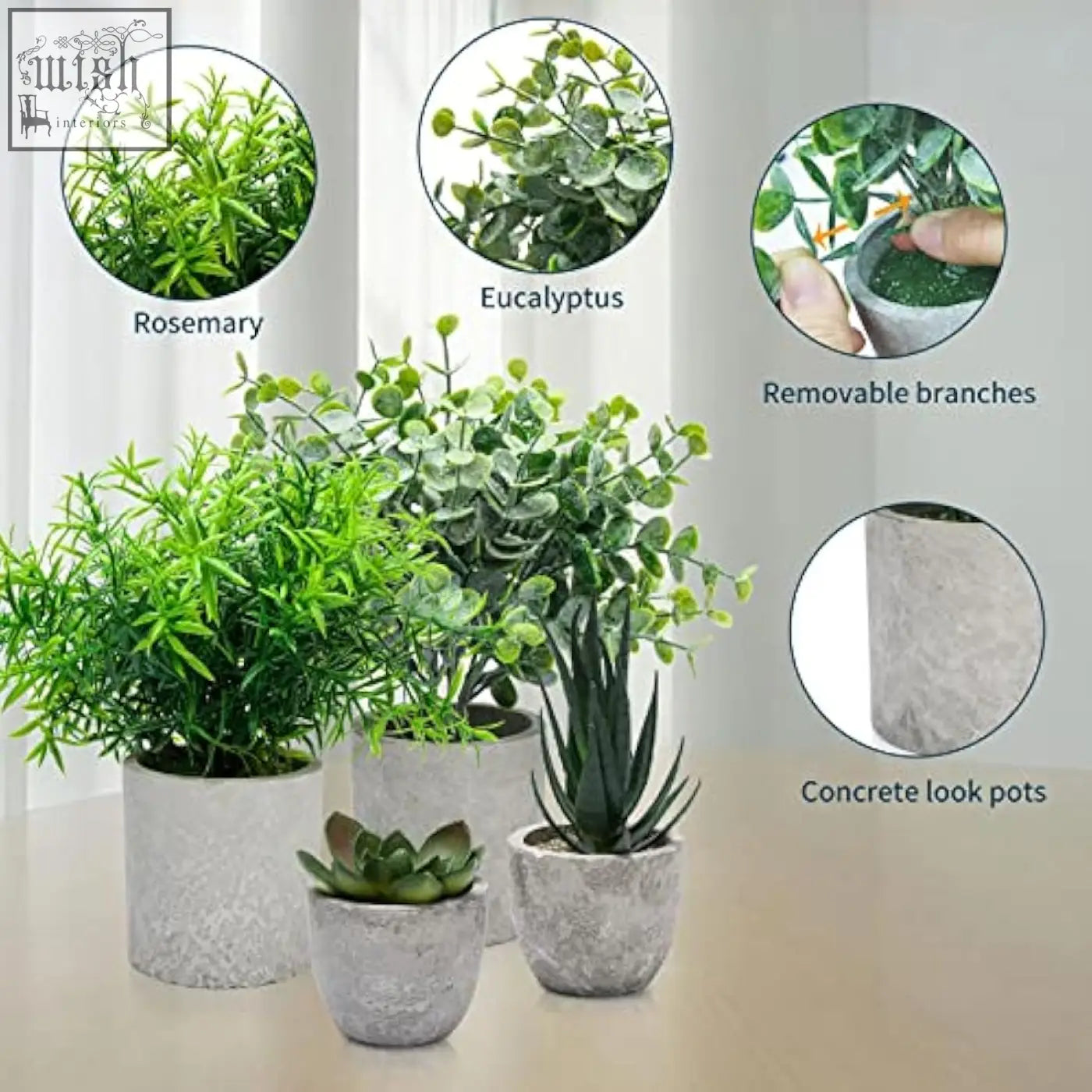 Set of artificial plants indoors in textured concrete look pots featuring eucalyptus rosemary and small succulents