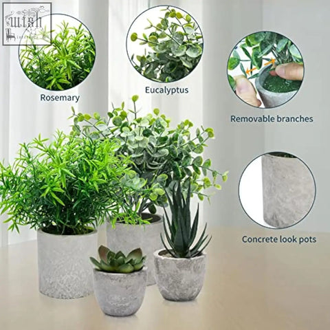 Set of artificial plants indoors in textured concrete look pots featuring eucalyptus rosemary and small succulents