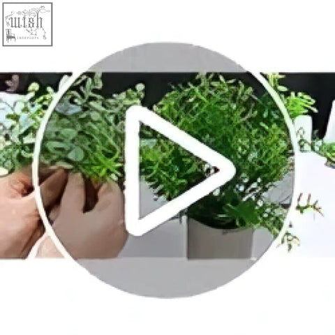 A hand holding a green leafy artificial plant from a set artificial plants indoors in plastic pots for decoration