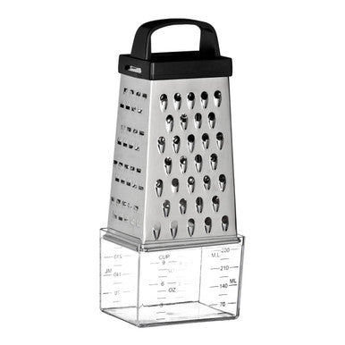 Silver metal 4-sided grater with black handle and clear collection compartment for easy grating and storage