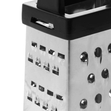 Silver metal 4-sided grater with black plastic handle and collection compartment for easy grating and storage