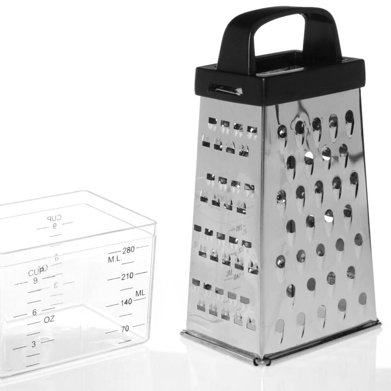 Silver stainless steel 4-sided grater with black handle and built-in collection compartment for easy grating