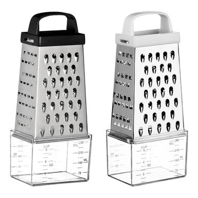Two stainless steel 4 sided graters with black and white handles and clear collection compartment base