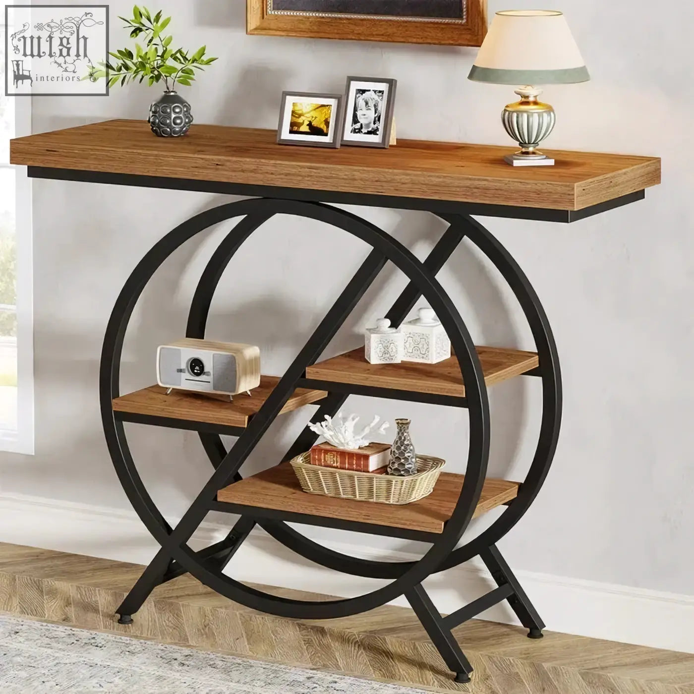 Industrial style 4 tier console table with rustic wood top and black geometric metal frame perfect for entryways