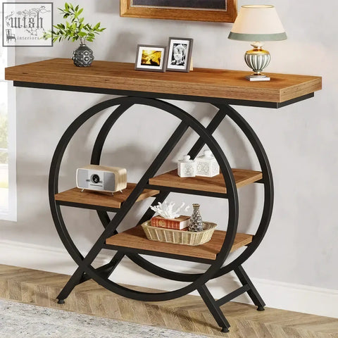 Industrial style 4 tier console table with rustic wood top and black geometric metal frame perfect for entryways