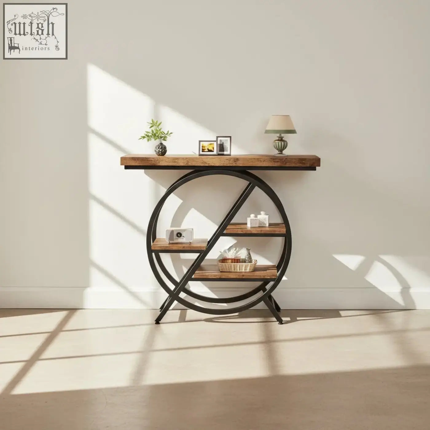 Industrial style 4 tier console table with rustic wood top and shelves supported by black geometric metal frame
