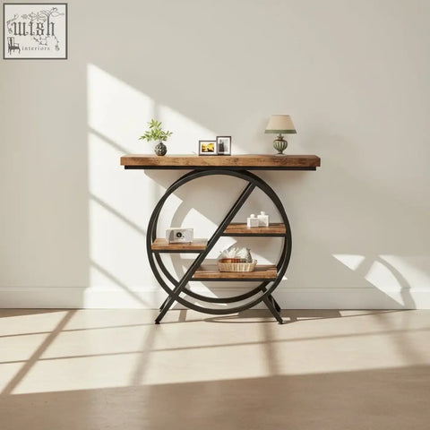 Industrial style 4 tier console table with rustic wood top and shelves supported by black geometric metal frame