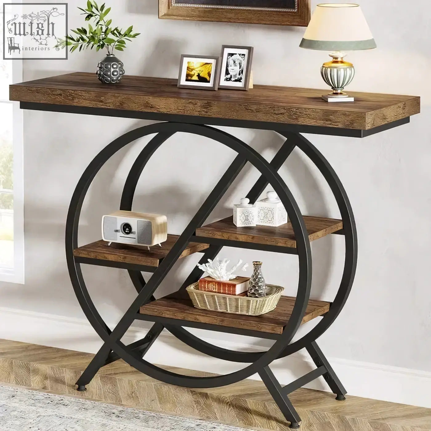 Industrial style 4 tier console table with rustic wood top and black geometric metal frame with three open shelves