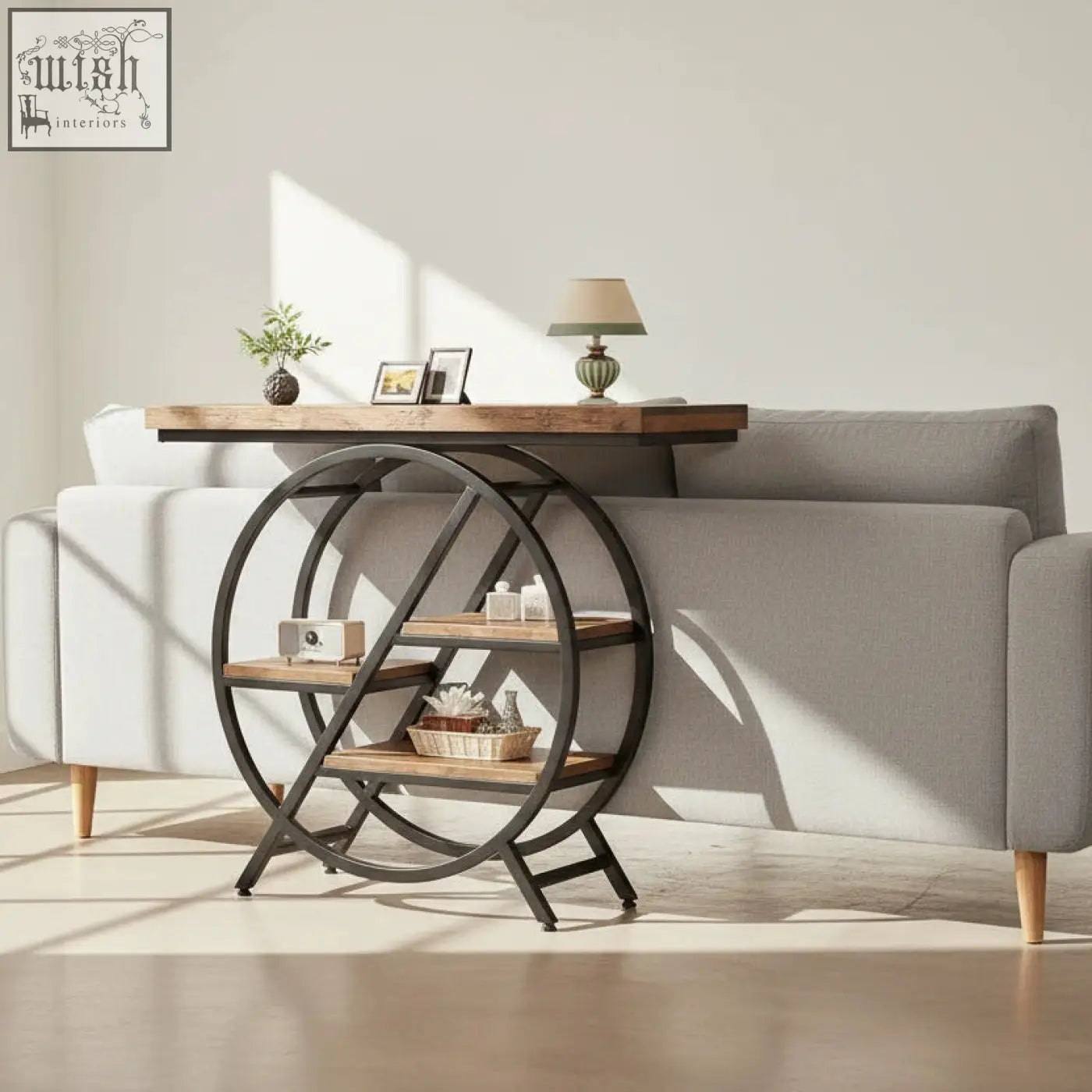 Industrial 4-tier console table with rustic wood top and black geometric metal frame for entryway use