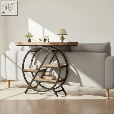 Industrial 4-tier console table with rustic wood top and black geometric metal frame for entryway use