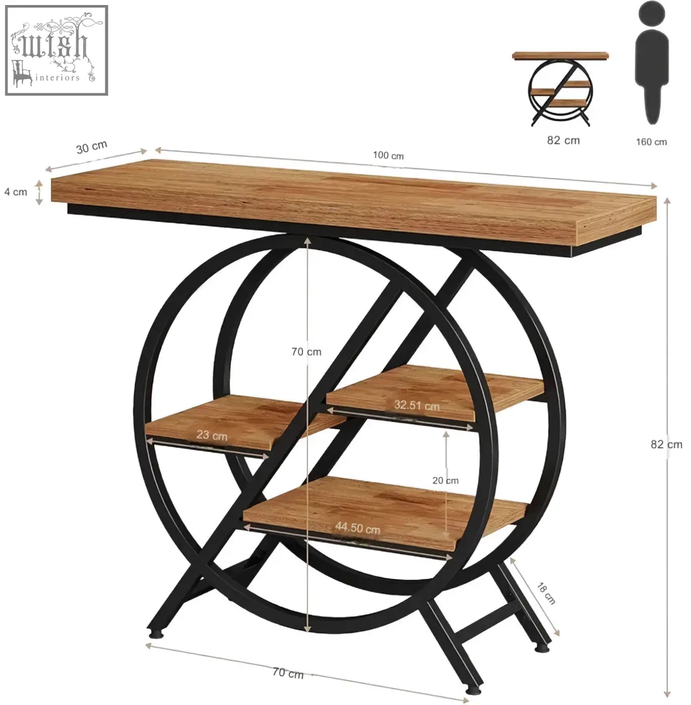 Industrial style 4 tier console table with light wood top and black geometric metal frame for entryway use