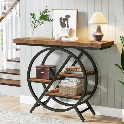 Industrial-style 4-tier console table with rustic wooden top and black geometric metal frame for entryway storage