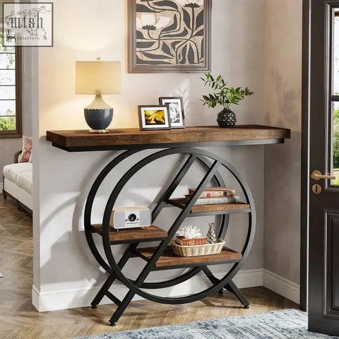 Black metal and wood console table with circular geometric metal frame and 4-tier shelves perfect for entryway use