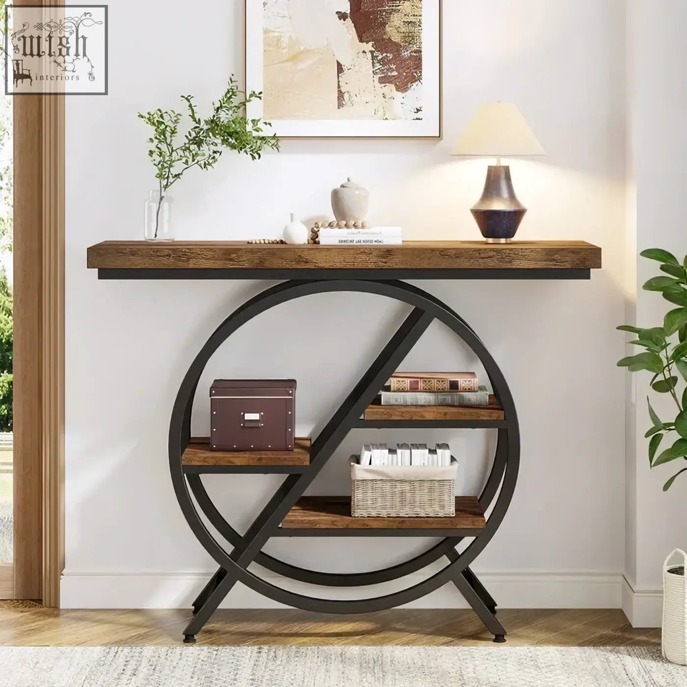 Rustic wooden top 4-tier console table with black geometric metal frame perfect for entryway use